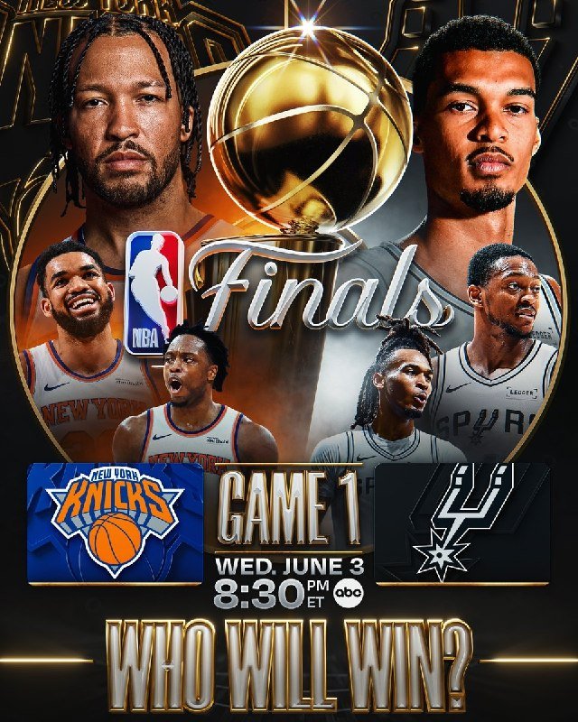 Promotional graphic for NBA Finals Game 1 on Wednesday, June 3 at 8:30 PM ET on ABC, featuring the New York Knicks and San Antonio Spurs logos, the NBA Finals trophy, and player portraits.