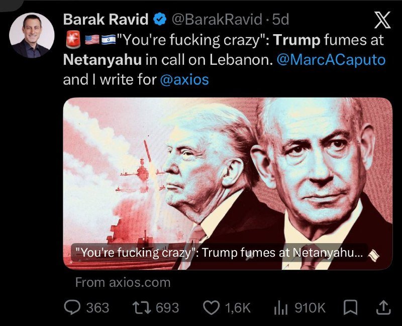 A screenshot of an X post by Barak Ravid featuring an illustrated graphic of two men in suits against a red-toned background with smoke and aircraft imagery.