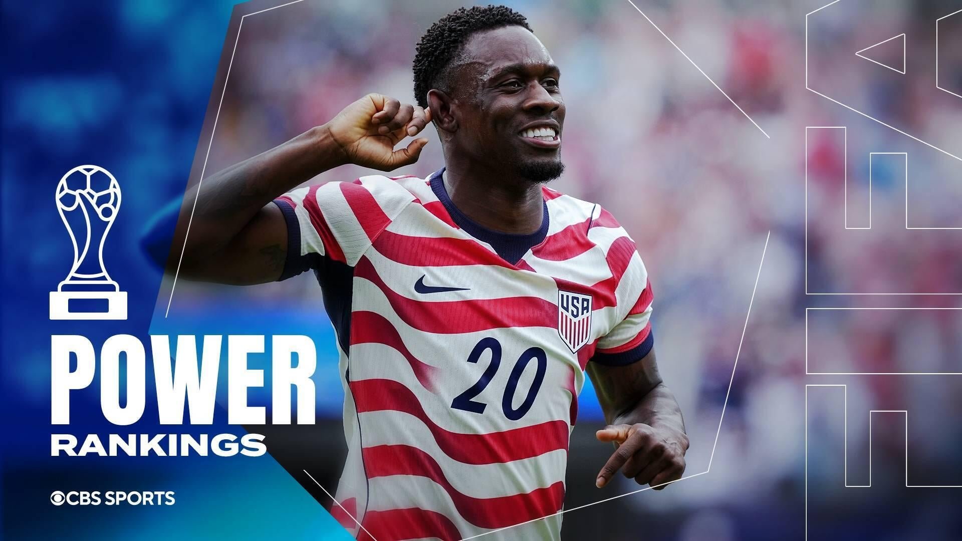 A smiling soccer player in a red-and-white striped USA #20 jersey celebrates with a finger-to-ear gesture in a CBS Sports "Power Rankings" graphic.