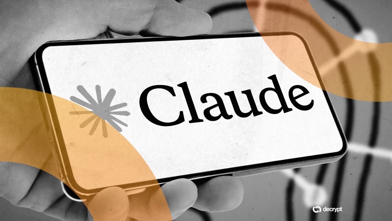 A hand holds a smartphone displaying the "Claude" logo, overlaid with orange graphic curves and a "decrypt" watermark in the corner.