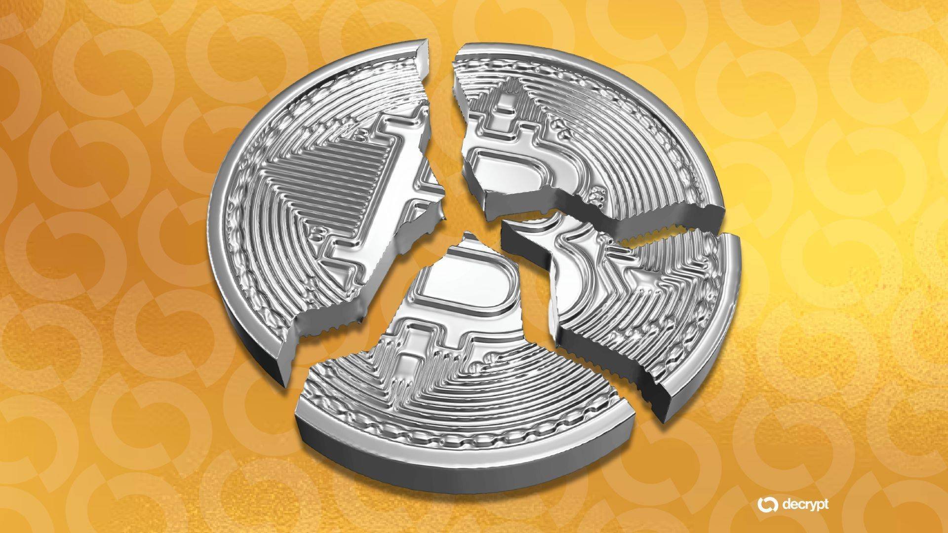 An illustration shows a silver coin broken into four cracked pieces against an orange patterned background, with a "decrypt" logo in the corner.