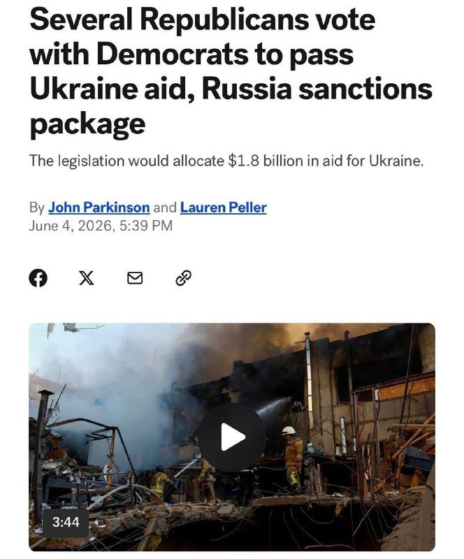 Firefighters in helmets spray water from hoses onto a smoldering, rubble-strewn building engulfed in thick smoke, as a video thumbnail shows a play button and a 3:44 timestamp.