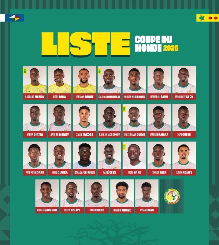 A green graphic titled "LISTE COUPE DU MONDE 2026" displays 26 player headshots in uniform portraits, each labeled with a name beneath.