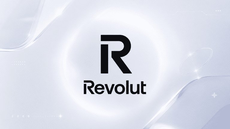 The Revolut logo, featuring a stylized "R" above the brand name, is displayed on a white graphic background with subtle circular light effects.