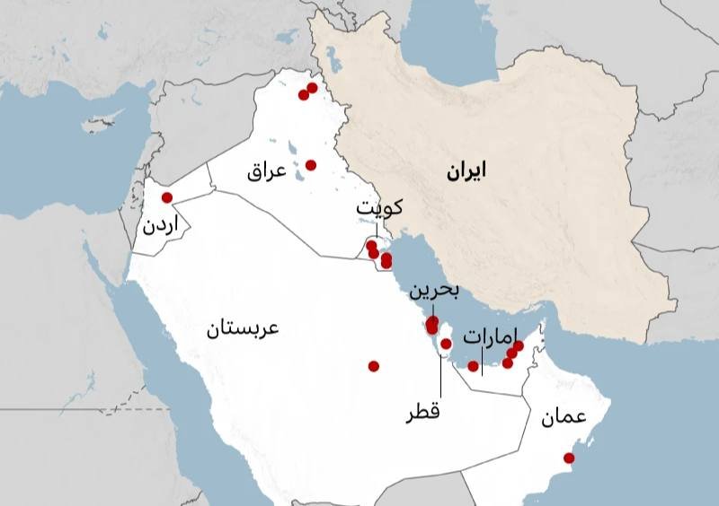 A map of the Middle East displays red dots marking locations across labeled countries including Iran, Iraq, Saudi Arabia, and the UAE.