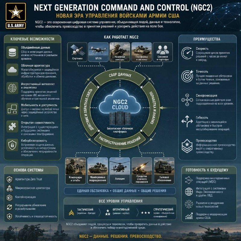 U.S. Army infographic titled "Next Generation Command and Control (NGC2)" in Russian, featuring icons of soldiers, satellites, drones, and vehicles surrounding a central cloud diagram labeled "NGC2 CLOUD."
