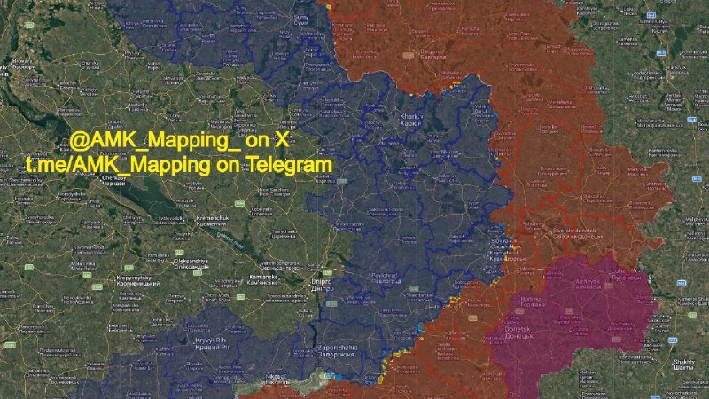 A satellite map displays regions of eastern Ukraine shaded in blue, red, and magenta, overlaid with yellow text crediting "@AMK_Mapping_ on X t.me/AMK_Mapping on Telegram."