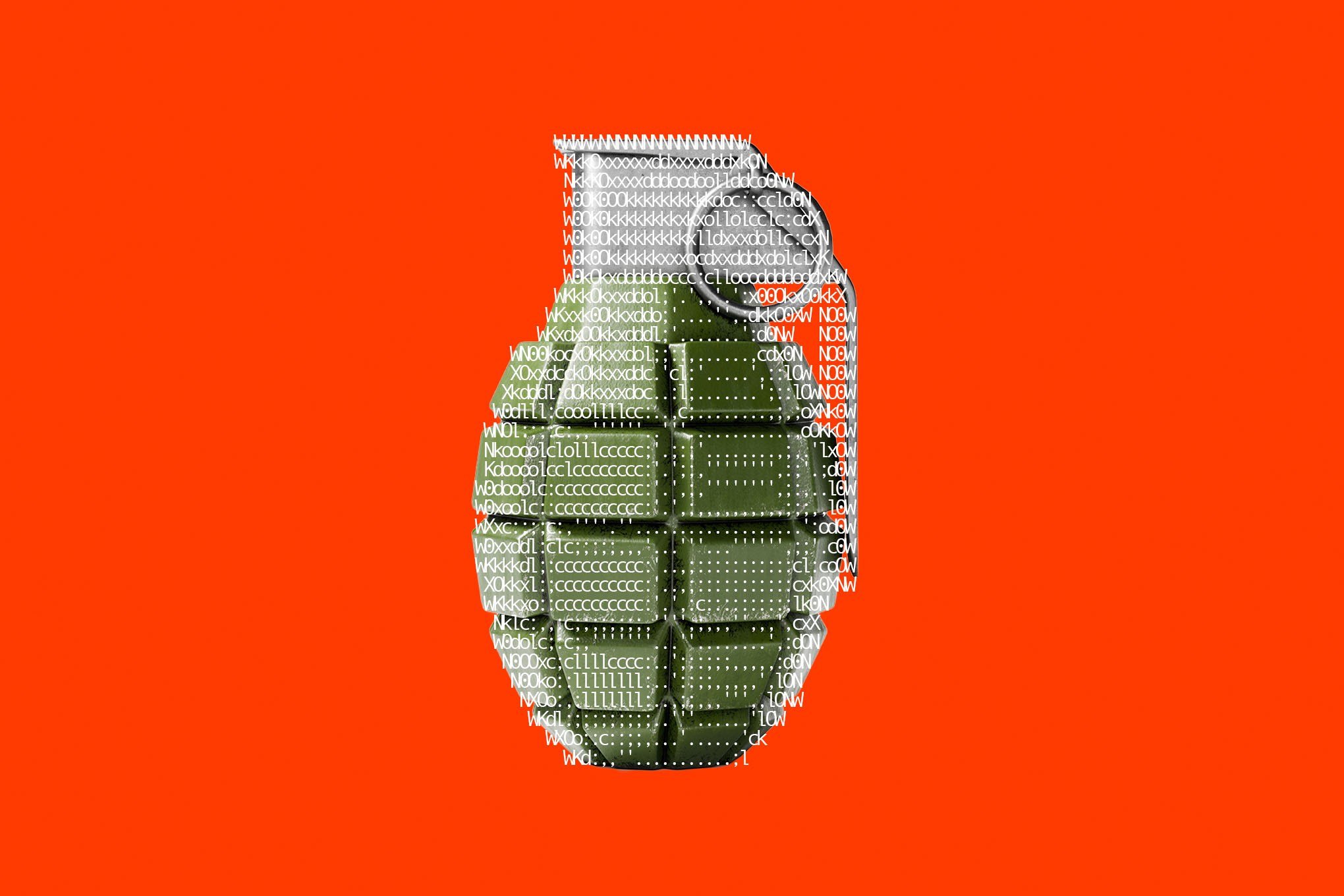 An illustration depicts an olive-green hand grenade overlaid with white lines of computer code against a solid red background.