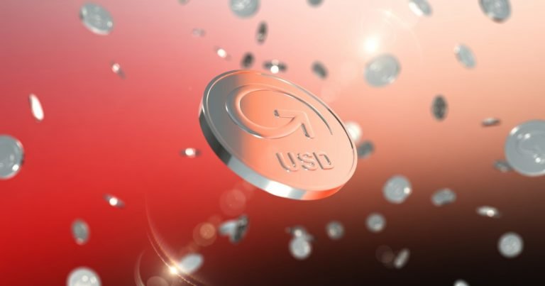 A digital illustration shows silver coins with a male gender symbol and "uSd" lettering floating against a red gradient background with light flares.