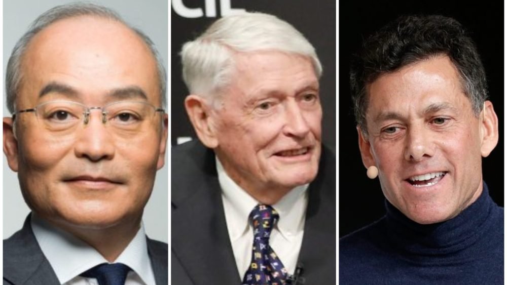 Three side-by-side headshots show an older Asian man with glasses, a white-haired older man speaking into a microphone, and a smiling man wearing a turtleneck.