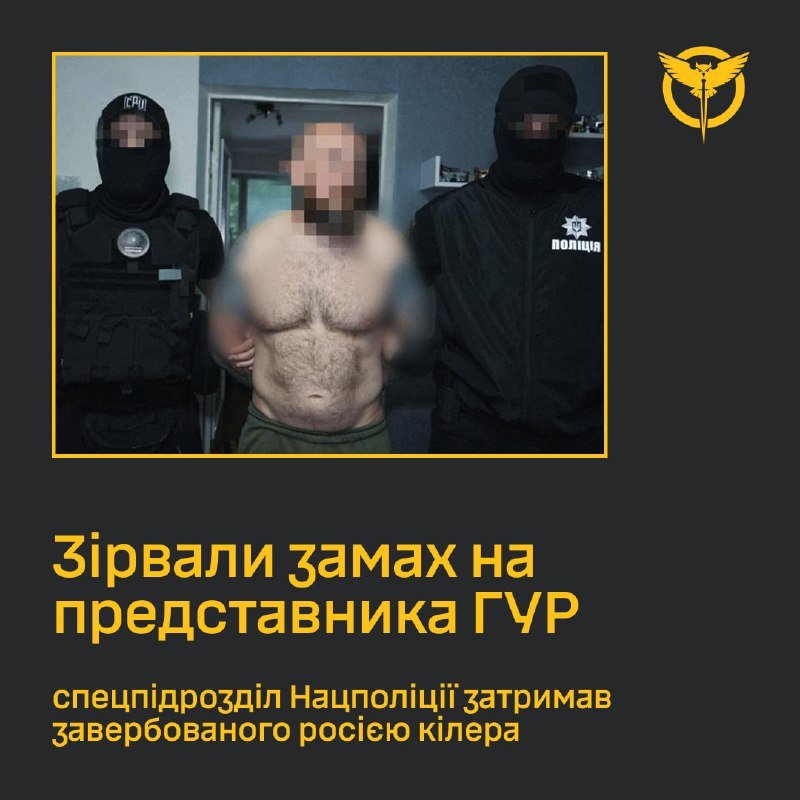 A graphic shows a shirtless man with a pixelated face flanked by two masked figures in black uniforms marked "ПОЛІЦІЯ," with Ukrainian text below.