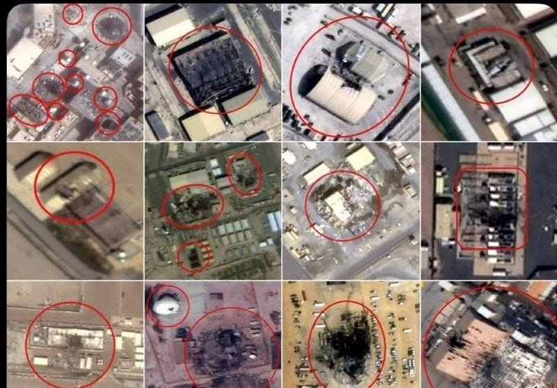 Twelve overhead satellite images show various buildings and industrial structures, each with red circles marking specific sections of damage or disturbance.