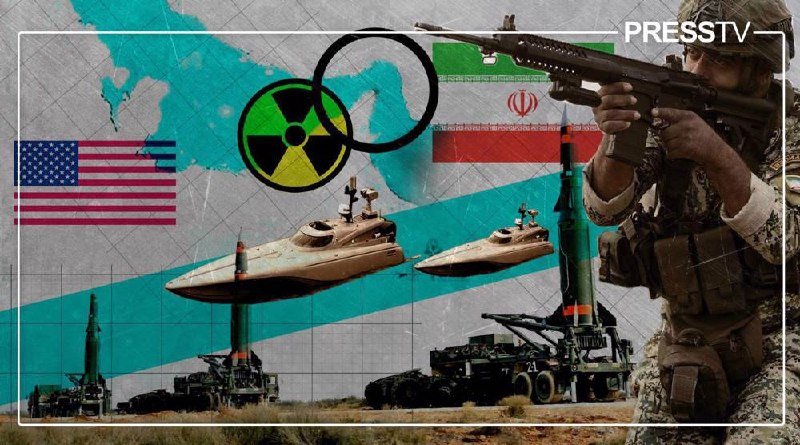 Press TV graphic featuring the American and Iranian flags, radiation symbols, naval vessels, missiles on launchers, and a soldier aiming a rifle.