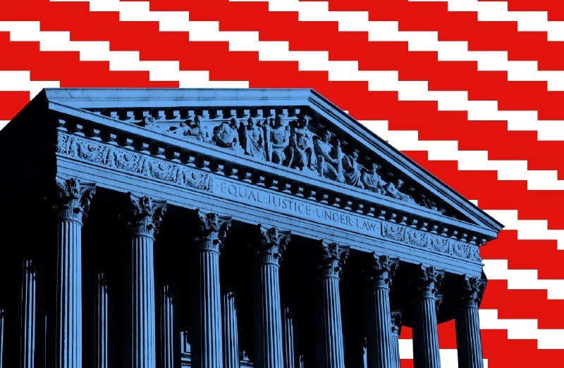 An illustration shows a neoclassical courthouse facade with columns and the inscription "EQUAL JUSTICE UNDER LAW," tinted blue against a red and white geometric background.