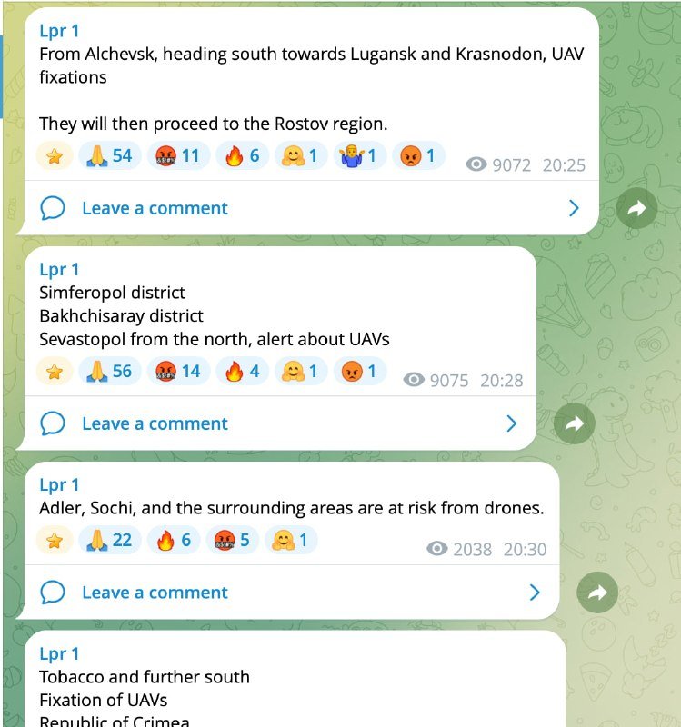 A screenshot of a Telegram channel showing four posts from "Lpr 1" with text, emoji reaction counts, view counts, timestamps, and a green patterned background.