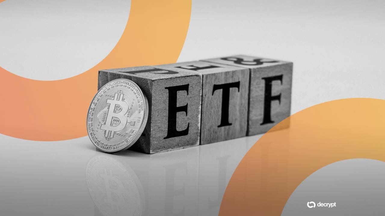 Graphic illustration showing a silver Bitcoin coin leaning against three metallic cubes spelling "ETF," with the "decrypt" logo in the corner.