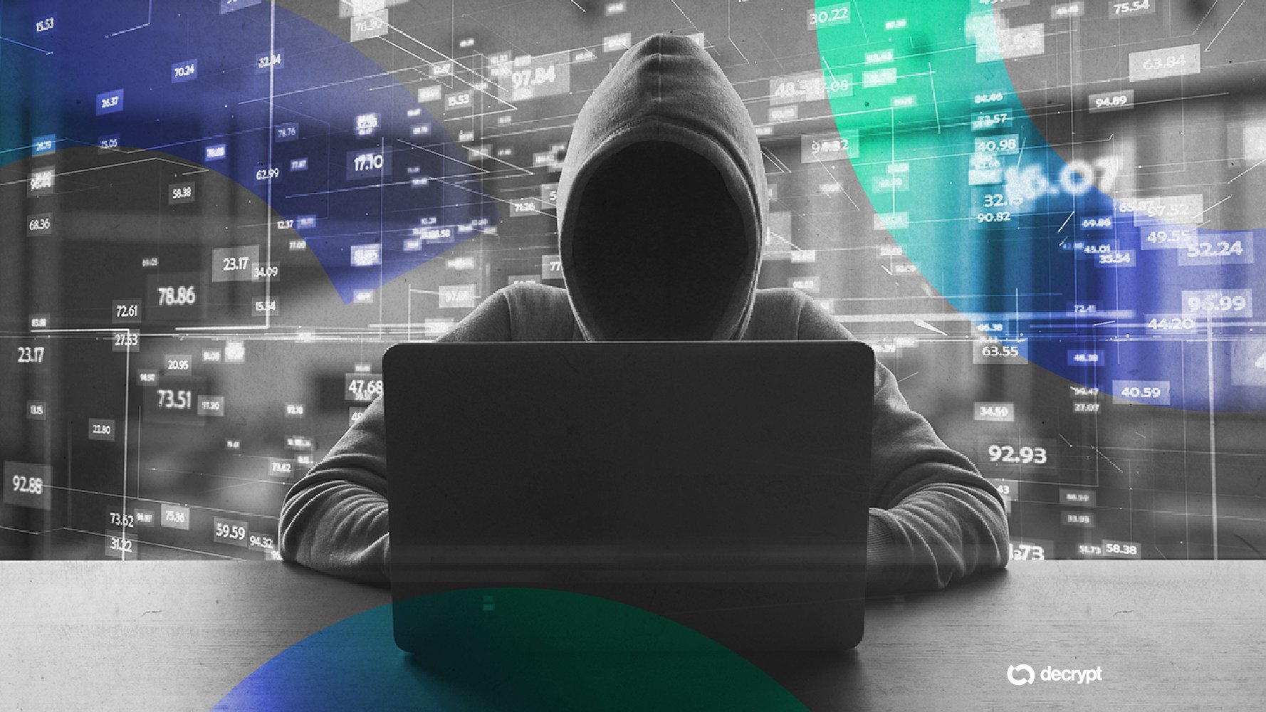 A hooded figure sits behind an open laptop, overlaid with floating numbers and geometric blue and teal shapes, with a "decrypt" logo in the corner.