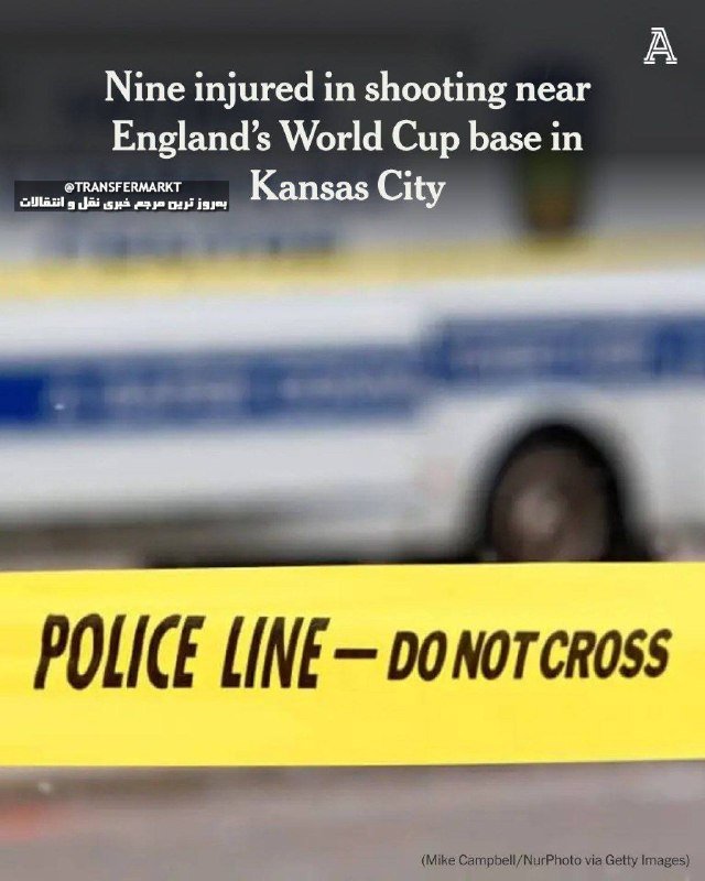 A news graphic with a headline about a Kansas City shooting overlays a blurred background showing a police vehicle behind yellow "POLICE LINE – DO NOT CROSS" tape.