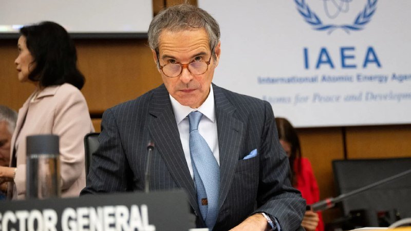 A man in a pinstripe suit and glasses sits at a panel table marked "DIRECTOR GENERAL" in front of an "IAEA - International Atomic Energy Agency" banner.