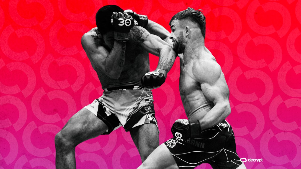 Two black-and-white MMA fighters clash mid-strike against a pink and red patterned background featuring a "decrypt" logo.