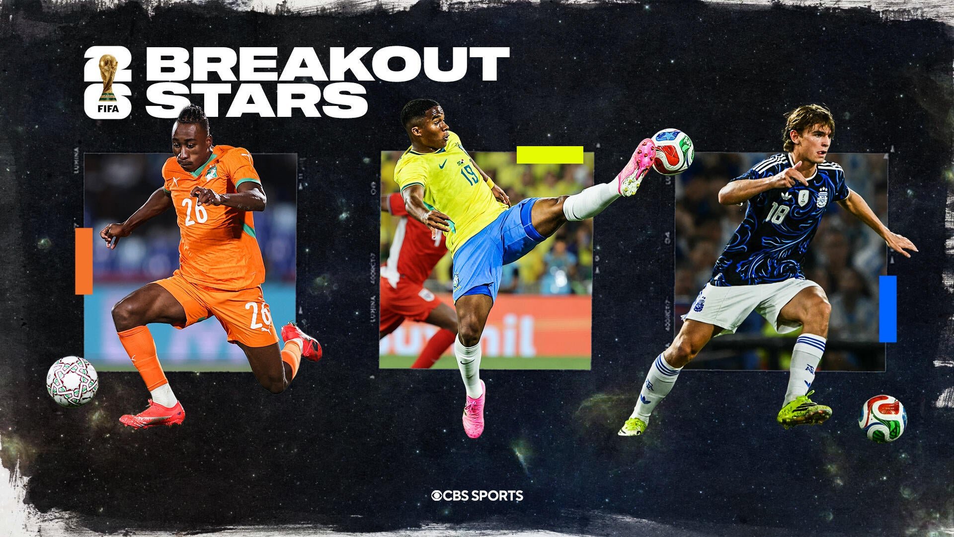 Promotional graphic titled "2026 BREAKOUT STARS" by CBS Sports showing three soccer players in action poses.