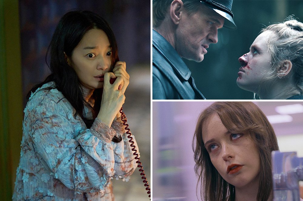 A three-panel collage shows a frightened woman on a red phone, an older man gripping a bloodied blonde woman's face, and a brown-haired woman with red lipstick looking sideways.