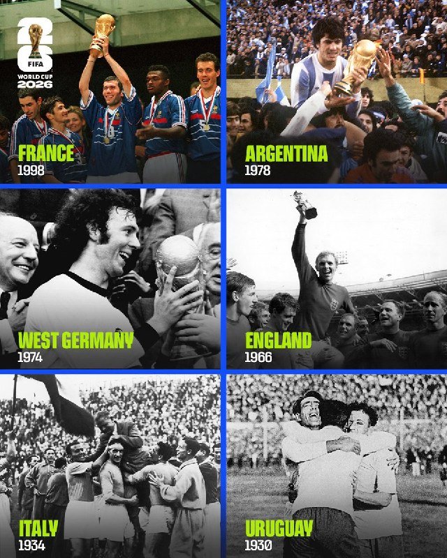 A graphic collage displays six historical photos of soccer players celebrating with trophies, labeled France 1998, Argentina 1978, West Germany 1974, England 1966, Italy 1934, and Uruguay 1930, alongside a FIFA World Cup 2026 logo.