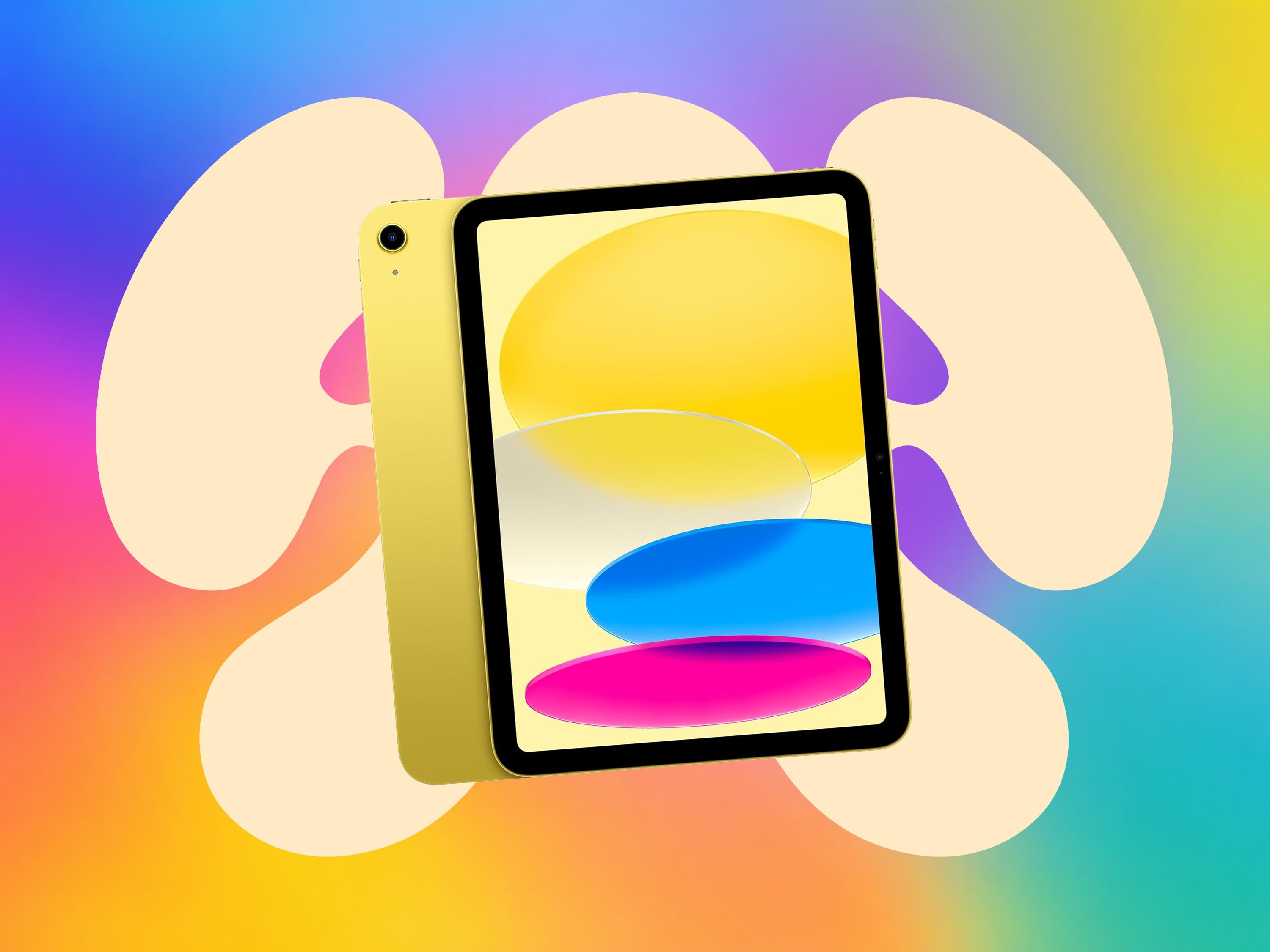 A yellow tablet is displayed against a vibrant gradient background of blue, pink, orange, and yellow, surrounded by cream-colored rounded shapes.