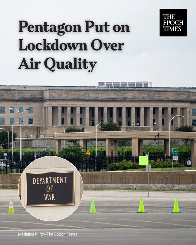 The image shows a graphic featuring the large stone facade of the Pentagon building with the text "Pentagon Put on Lockdown Over Air Quality" and "The Epoch Times" logo.
