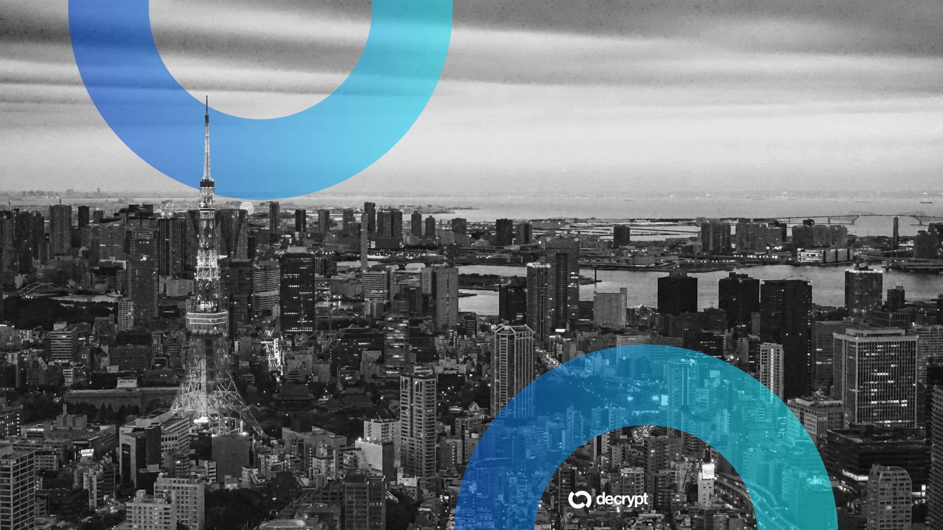 Black-and-white Tokyo cityscape featuring the Tokyo Tower, overlaid with blue and teal graphic circles and a "decrypt" logo.