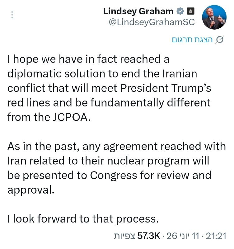 A social media post from verified account @LindseyGrahamSC expressing hope for a diplomatic solution to the Iranian conflict, with 57.3K views.