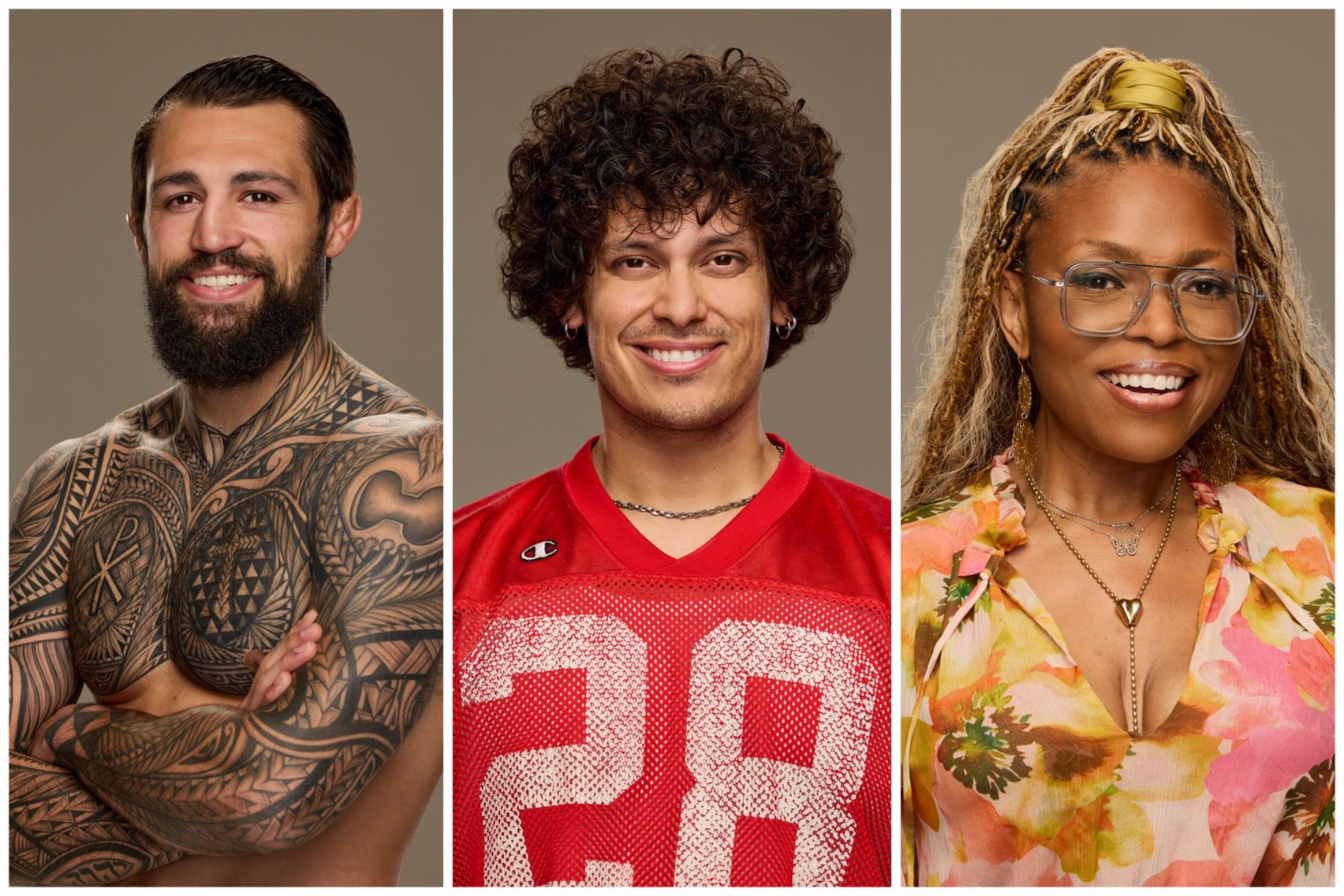 A triptych of portrait photos shows a shirtless tattooed man, a man in a red sports jersey, and a smiling woman with glasses against plain backgrounds.