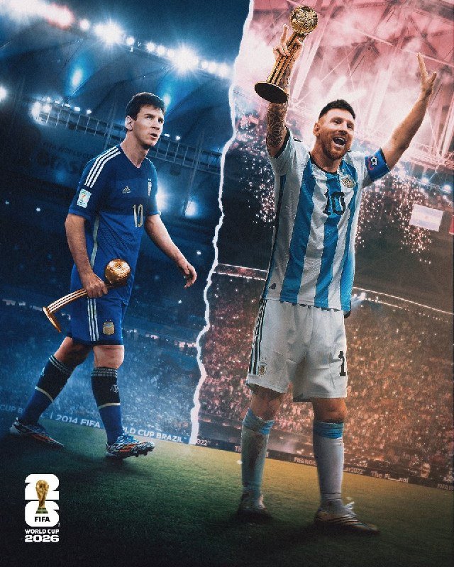 Split-screen FIFA World Cup 2026 promotional graphic showing two soccer players in national team jerseys holding trophies on lit stadium fields, with the FIFA World Cup 2026 logo at bottom-left.