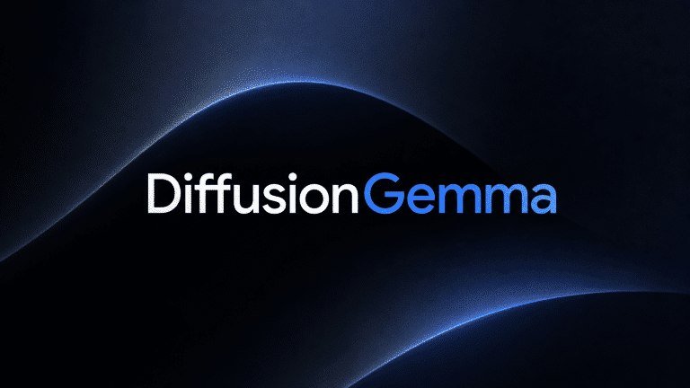 A digital graphic displays the text "DiffusionGemma" in white and blue lettering against a dark background with curved, wave-like patterns.