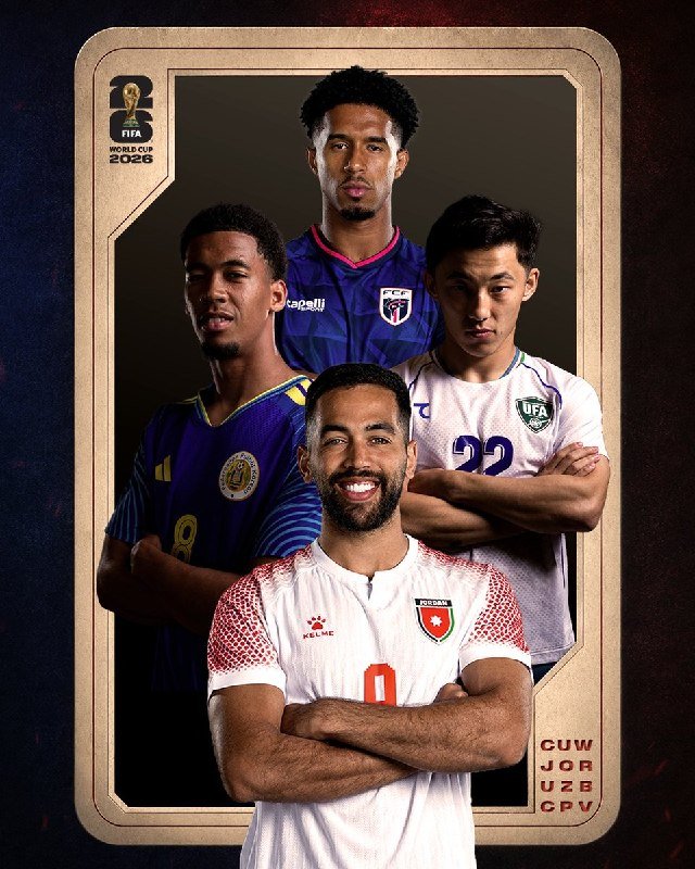 Four soccer players pose in a FIFA World Cup 2026 promotional graphic, with a "FIFA WORLD CUP 2026" badge and team codes CUW, JOR, UZB, and CPV displayed.