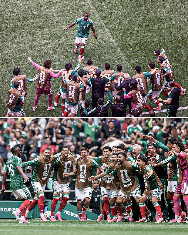 Soccer players in green jerseys and gold "SOY MEXICO 2026" bibs celebrate on a field, with one player jumping toward teammates during a group celebration.