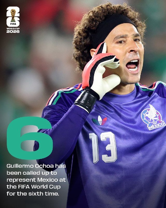 A Mexican national team goalkeeper wearing jersey number 13 shouts with a gloved hand raised to his ear, with a "FIFA World Cup 2026" logo and the number "6" displayed.