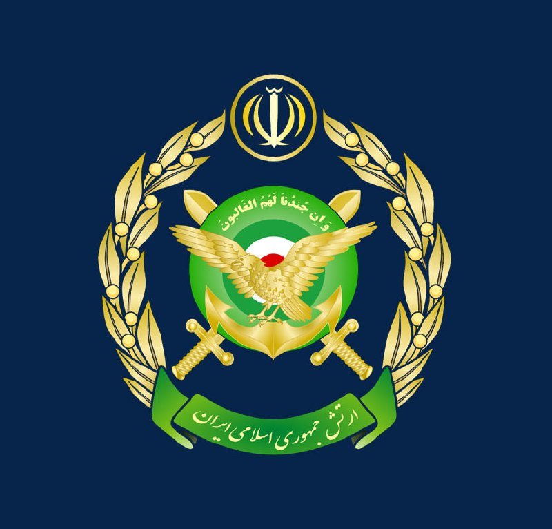 A graphic illustration displays a military emblem featuring a golden eagle with spread wings over crossed swords and an anchor, encircled by a laurel wreath and Persian script, set against a dark blue background.