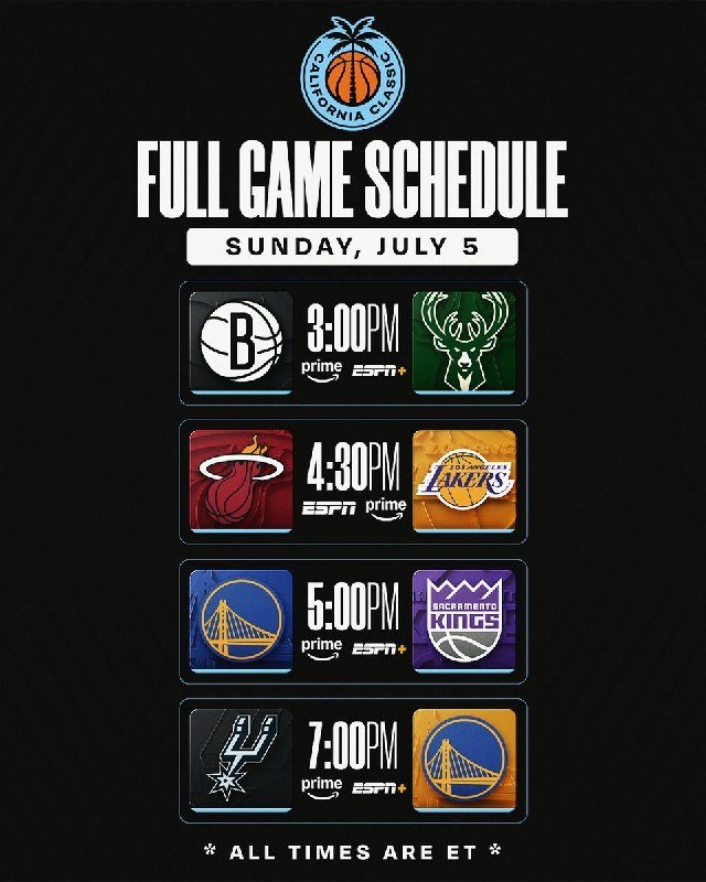 This is a digital graphic displaying the California Classic "Full Game Schedule" for Sunday, July 5, listing four NBA matchups—Brooklyn vs. Milwaukee, Miami vs. Lakers, Golden State vs. Sacramento, and San Antonio vs. Golden State—with tipoff times on ESPN and Prime Video.
