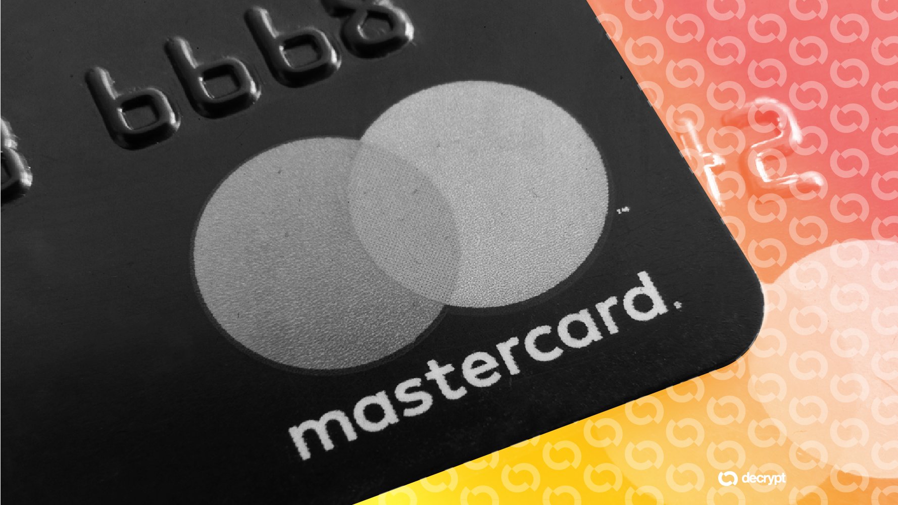 Close-up of a black Mastercard credit card overlapping a pink and yellow gradient background patterned with "G" logos, bearing a "decrypt" watermark.
