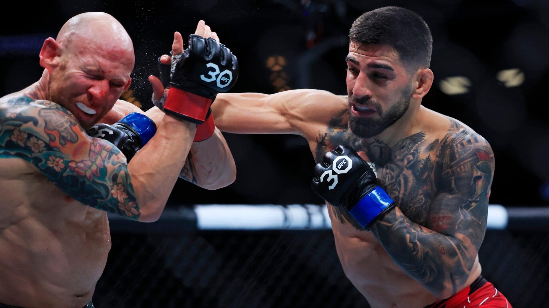 Two tattooed MMA fighters in a cage exchange punches, with the bearded fighter landing a right hand on his bald opponent's face.