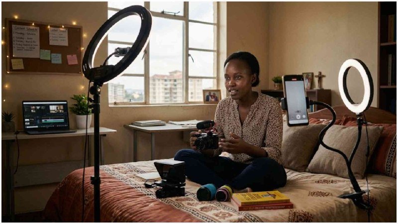 A woman sits cross-legged on a bed holding a camera, surrounded by ring lights, a mounted smartphone, a laptop on a desk, and books.