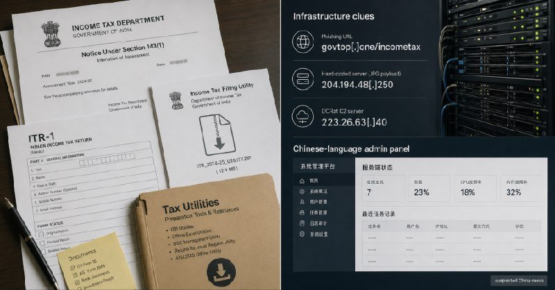Split image showing Indian Income Tax Department paperwork (ITR-1 form, notices, manuals) on the left, and a dark-themed infographic displaying infrastructure clues, server IP addresses, and a Chinese-language admin panel with "suspected China nexus."