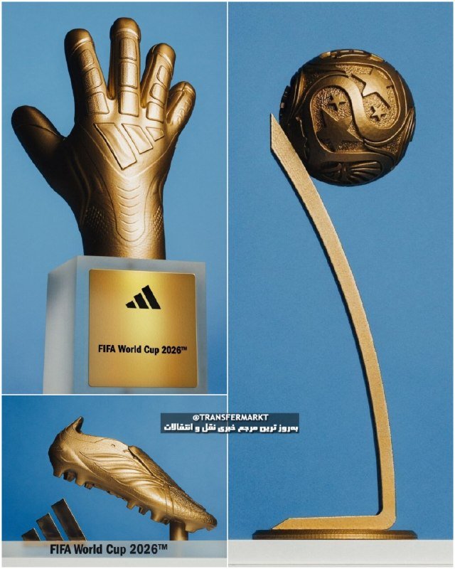 Three gold-colored Adidas FIFA World Cup 2026 trophies—a glove-shaped, soccer-ball, and cleat design—are displayed against a blue background.
