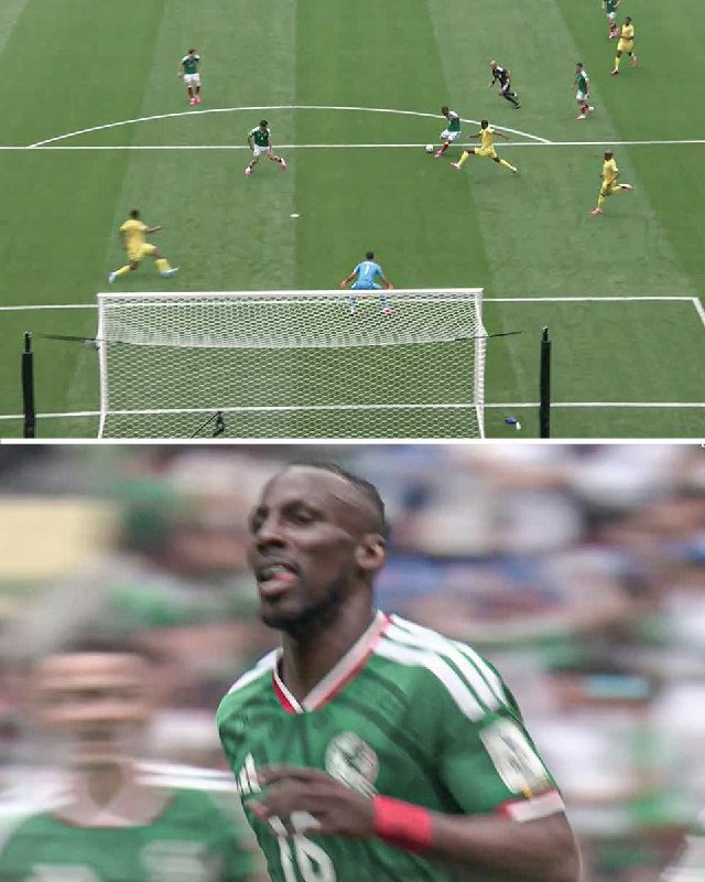 Two-panel image: top shows soccer players in green and yellow jerseys near a goal with a goalkeeper; bottom shows a close-up of a player in a green jersey.