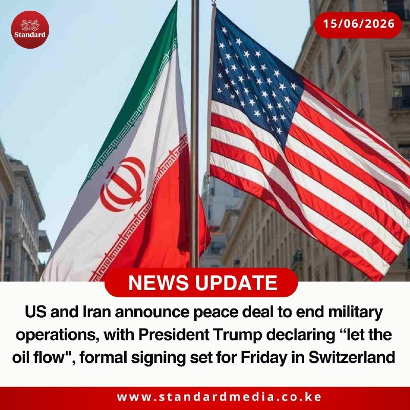 Graphic illustration showing the Iranian and American flags side by side against a building backdrop, with a "Standard" news logo and the date 15/06/2026.