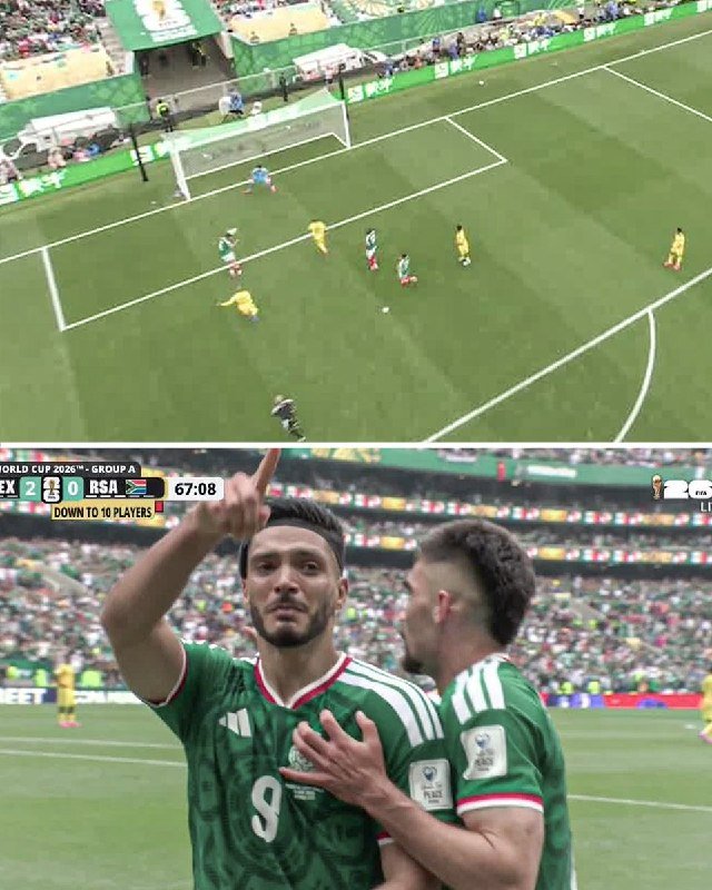 Two soccer players in green jerseys celebrate with raised fingers during a match, while a scoreboard reads "MEX 2-0 RSA" at 67:08.