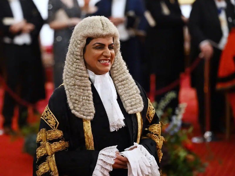 A smiling woman in a traditional horsehair judge's wig, black robe with gold embroidery, and white gloves stands on a red carpet.