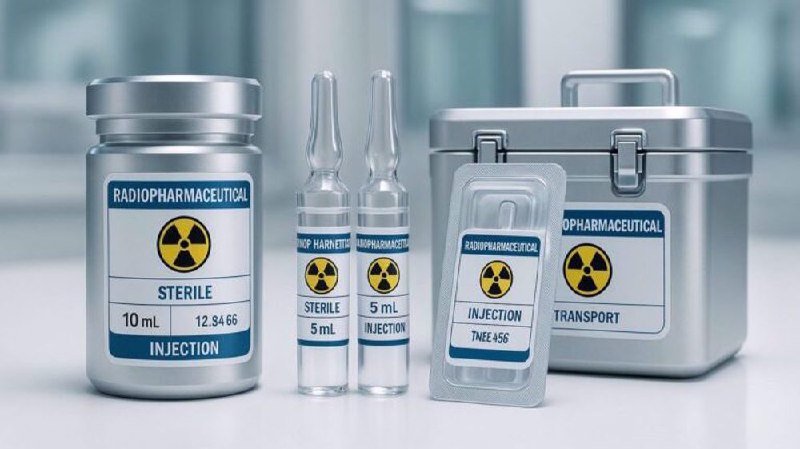 A silver vial and two glass ampoules labeled "Radiopharmaceutical" and "Sterile Injection," alongside a sealed metal transport case and blister pack, all bearing radioactive trefoil symbols.