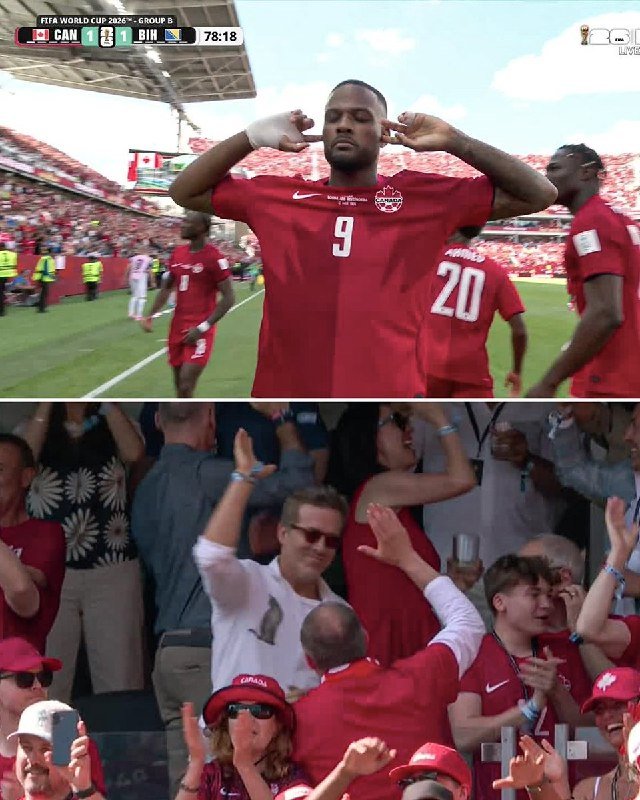 Split image: top shows a Canadian soccer player wearing jersey number 9 covering his ears on a stadium field; bottom shows cheering fans in the stands.
